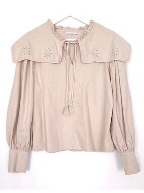 The New Society Beige Embroidered Collar Blouse Small Cotton Boho Romantic